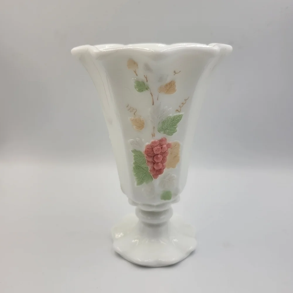 Westmoreland Milk Glass Hand Painted Grape Fluted Vase/ Vintage Milk Glass Vase